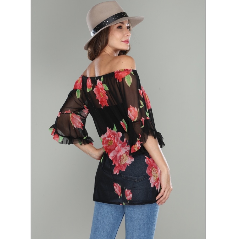 💥Black Tulle Red Rose Off Shoulder Print Top - Picture 2 of 3